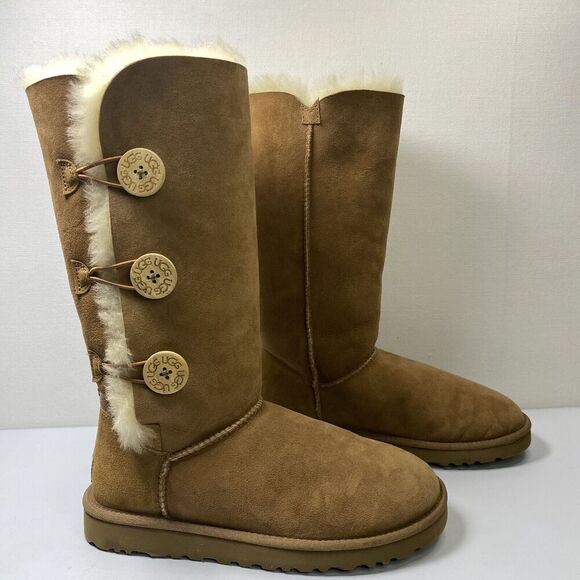 UGG Shoes - UGG Bailey Button Triplet Chestnut Suede Sheepskin Tall Warm Boots Womens Sz 8